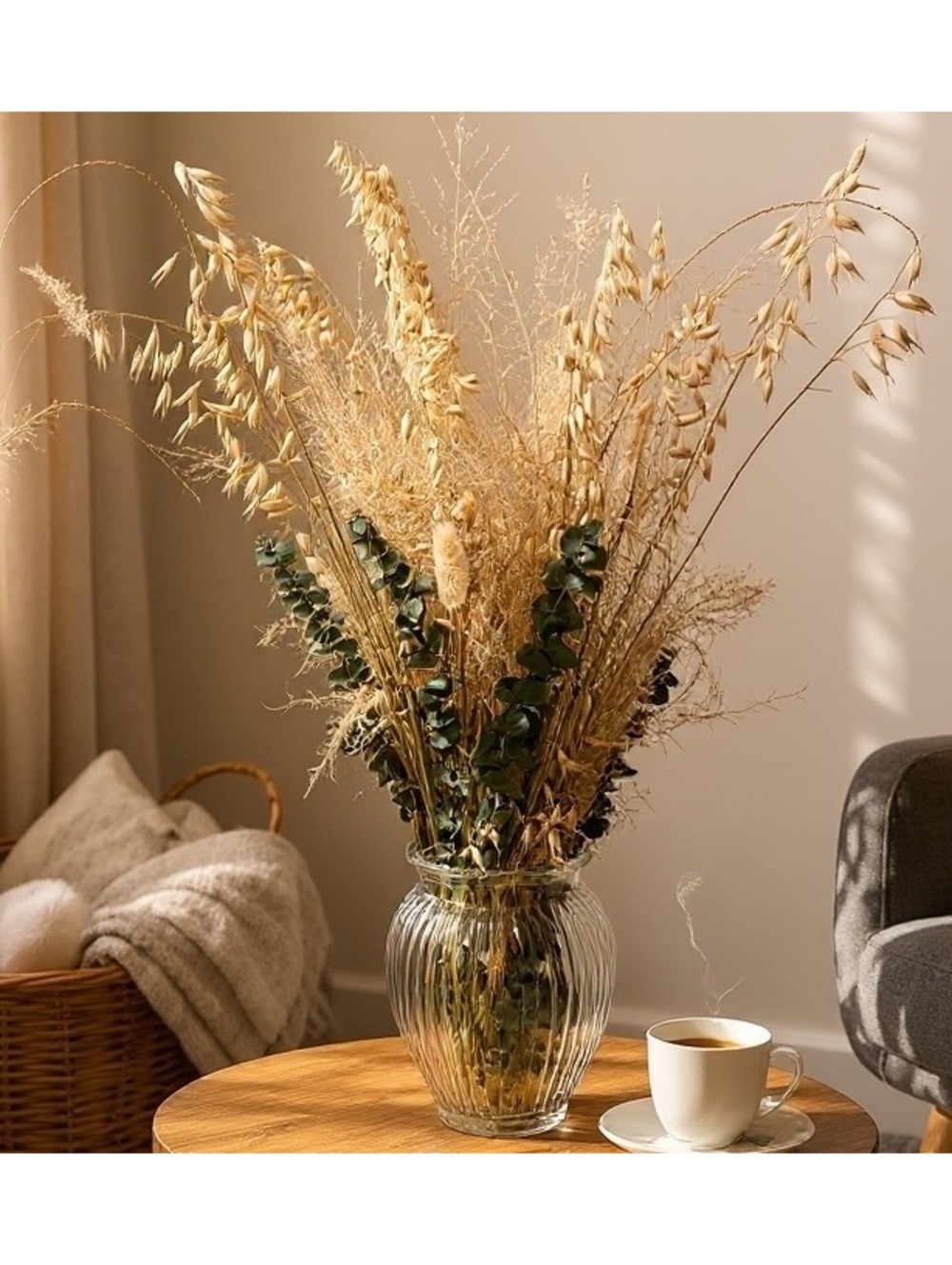 Dried Floral Pampas Arrangement in Clear Ribbed Glass Vase